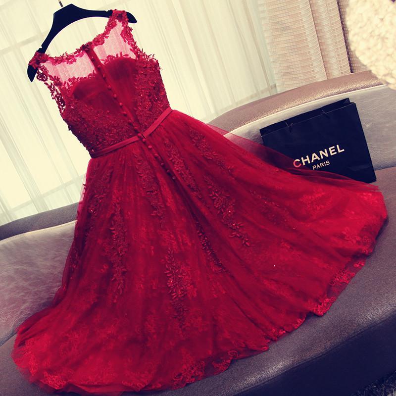 Charming Red A Line Lace Short Sleeveless Homecoming Dresses PFH0075 –  Promfast