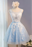 A Line Lace Appliques Round Neck Sky Blue Short Homecoming Dresses PFH0077