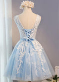 A Line Lace Appliques Round Neck Sky Blue Short Homecoming Dresses PFH0077