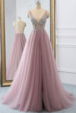Dusty Pink A Line Tulle Prom Dress, V Neck Long Graduation Dress with Rhinestone