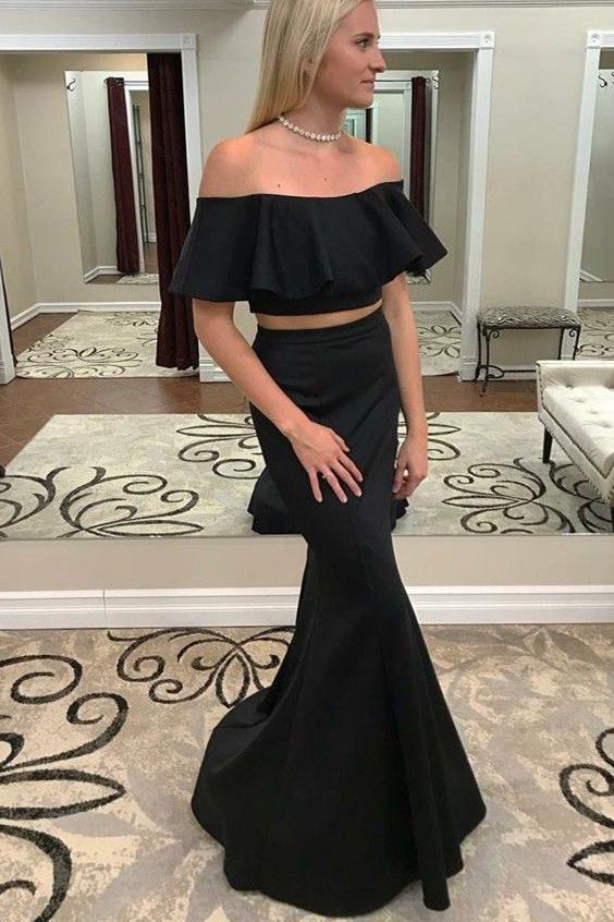 Modest Two Piece Mermaid Off-the-Shoulder Black Prom Dress with Ruffles