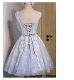 A Line Lace Appliques V Neck Gray Short Homecoming Dresses PFH0078