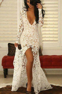 Fashion Mermaid Deep V-Neck Long Sleeves Split Front Ivory Lace Prom Dress