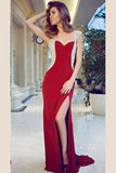 Sheath Red Cap Sleeve Sweetheart Front Slit Long Prom Dresses With Rhinestone