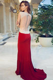 Sheath Red Cap Sleeve Sweetheart Front Slit Long Prom Dresses With Rhinestone PFP0771