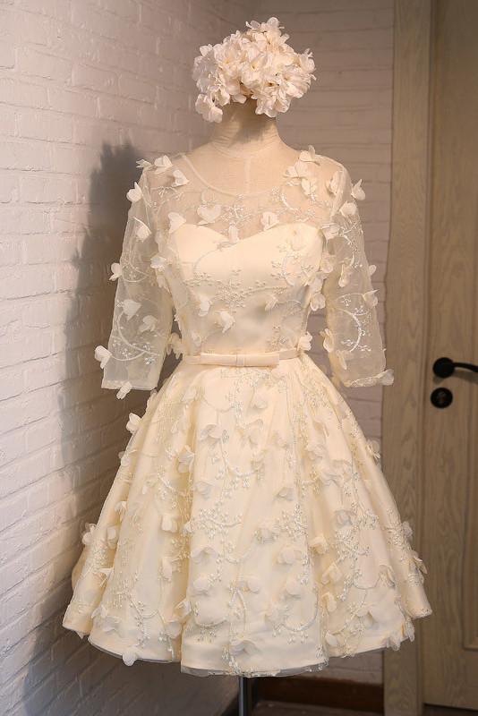 A Line Floral Short Round Neck 3/4 Sleeves Homecoming Dresses PFH0080 Promfast A Line Floral Short Round Neck 3/4 Sleeves Homecoming Dresses PFH0080 Promfast