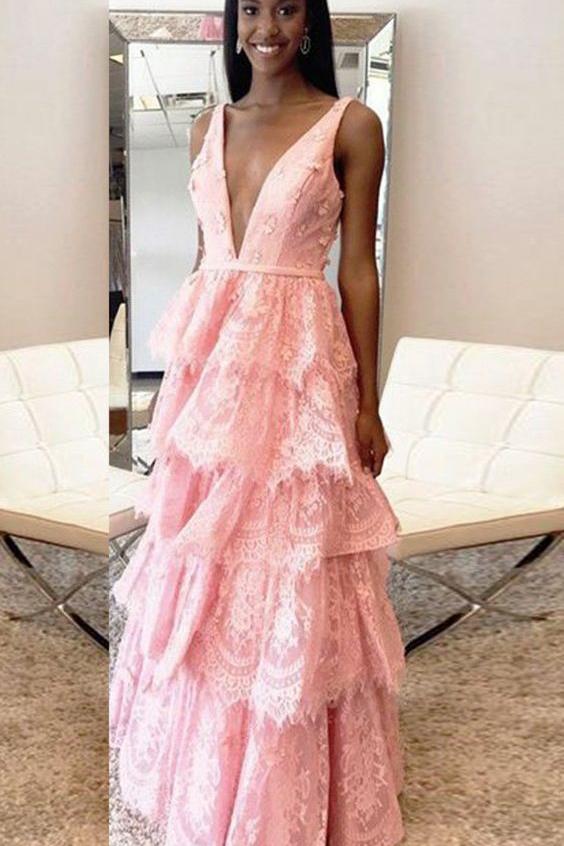 A-Line Deep V-Neck Backless Pink Lace Layered Prom Dress