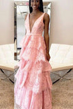 A-Line Deep V-Neck Backless Pink Lace Layered Prom Dress