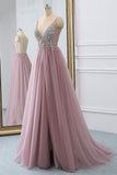 Dusty Pink A Line Tulle Prom Dress, V Neck Long Graduation Dress with Rhinestone