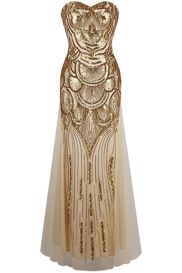 Mermaid Gold Tulle Sequins Prom Dress,Sweetheart Long Bridesmaid Dresses PFB0005