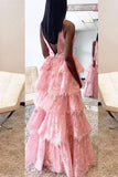 A-Line Deep V-Neck Backless Pink Lace Layered Prom Dress PFP0774