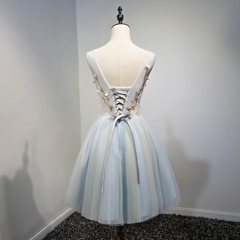 sachin and babi light blue dress Unique V Neck White Lace Blue Short Prom Dress Homecoming Dress, White   abcprom