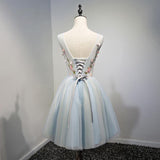 A Line Light Blue Floral Short V Neck Tulle Homecoming Dresses PFH0081