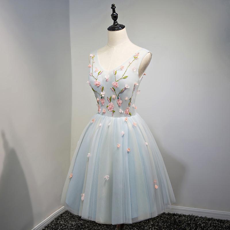 A Line Light Blue Floral Short V Neck Tulle Homecoming Dresses PFH0081 –  Promfast