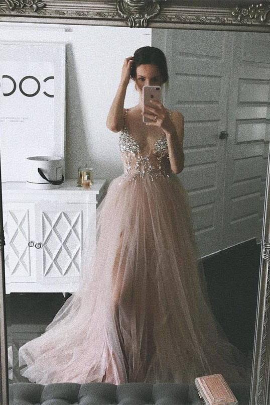 Dusty Pink A Line Tulle Prom Dress, V Neck Long Graduation Dress with Promfast Dusty Pink A Line Tulle Prom Dress, V Neck Long Graduation Dress with Promfast