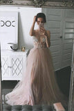Dusty Pink A Line Tulle Prom Dress, V Neck Long Graduation Dress with Rhinestone