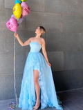 Promfast Light Blue Elegant Strapless High Low Long Prom Dresses With Appliques PFP1826