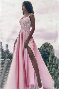 Fashion Pink Split A Line Straps Appliques Occasion Prom Dress 
