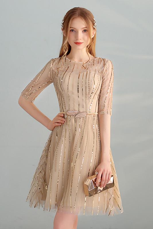 Gold Sequins A Line Short Tulle Half Sleeves Homecoming Dresses PFH0085