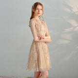Gold Sequins A Line Short Tulle Half Sleeves Homecoming Dresses PFH0085