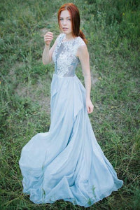 Long Light Blue Chiffon Scoop A-line Floor-length Appliques Prom Dress