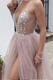 Dusty Pink A Line Tulle Prom Dress, V Neck Long Graduation Dress with Rhinestone PFP0495