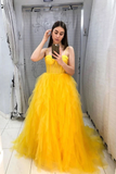 Promfast Yellow Tulle Sweetheart Long Prom Dress With Ruffles Evening Dress PFP1827