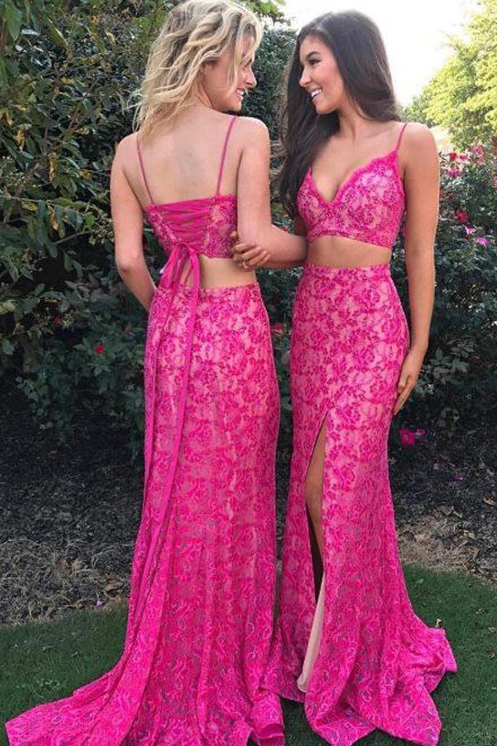 Sexy Two Piece Mermaid Spaghetti Straps Fuchsia Lace Split Prom Dress