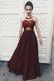 Sexy Halter Dark Burgundy Long Sleeveless Prom Dresses with Appliques