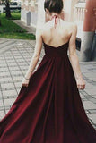 Sexy Halter Dark Burgundy Long Sleeveless Prom Dresses with Appliques PFP0786