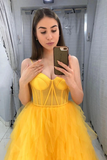 Promfast Yellow Tulle Sweetheart Long Prom Dress With Ruffles Evening Dress PFP1827