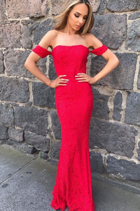 Red Mermaid Sexy Long Strapless Lace Prom Gowns,Off the Shoulder Evening Dress