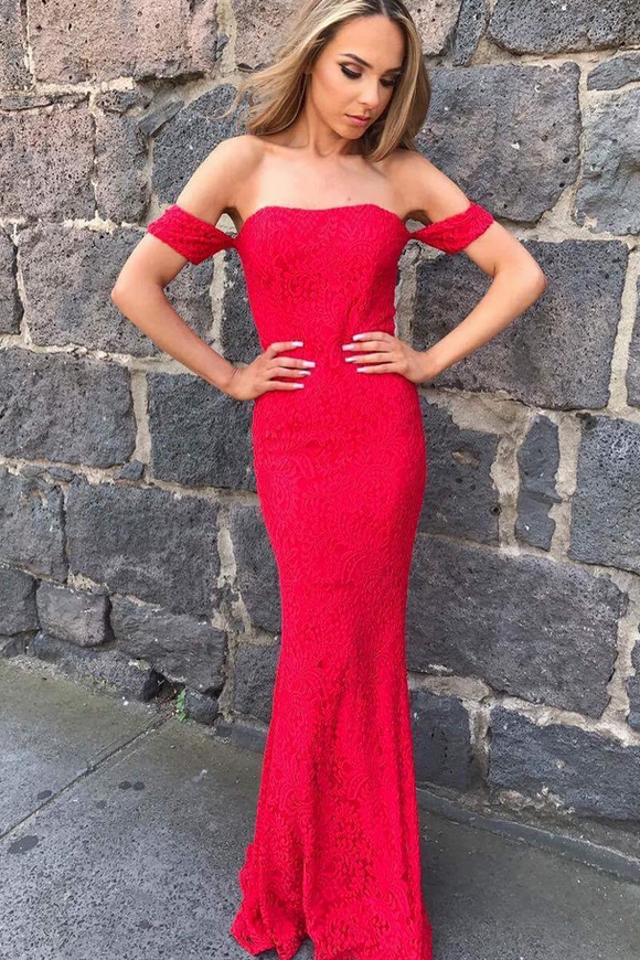 Red Mermaid Sexy Long Strapless Lace Prom Gowns,Off the Shoulder Evening Dress