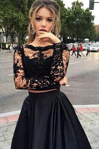 Two Piece Black A Line Lace Top Long Sleeves Formal Prom Dress 