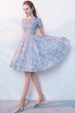 Elegant Lace A Line Short Light Blue Homecoming Dresses PFH0088