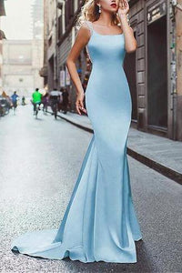 Amazing Beading Satin Scoop Mermaid Blue Long Prom Dress 