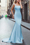 Amazing Beading Satin Scoop Mermaid Blue Long Prom Dress 