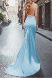 Amazing Beading Satin Scoop Mermaid Blue Long Prom Dress PFP0793
