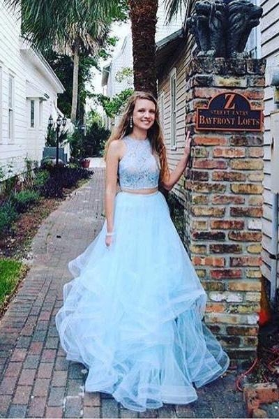Fashion Two Pieces Light Blue Lace Tulle Ruffles A-line Prom Dress For Promfast Fashion Two Pieces Light Blue Lace Tulle Ruffles A-line Prom Dress For Promfast
