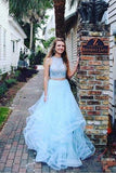 Fashion Two Pieces Light Blue Lace Tulle Ruffles A-line Prom Dress For Teens