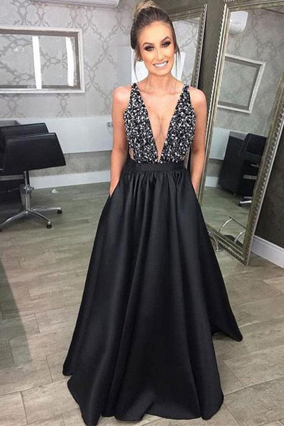 Black Deep V Neck Beading Prom Dress, A Line Evening Dresses With Pockets