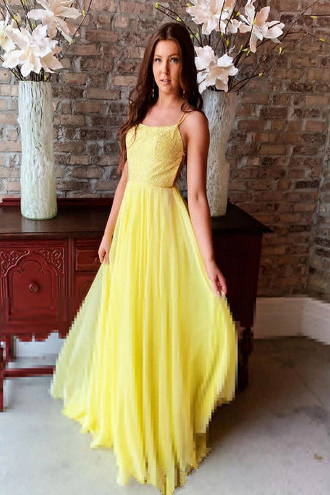 Flowy Yellow Chiffon Long Prom Gown Sexy Backless Evening Dresses PFP1710