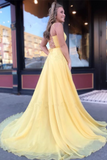 Yellow Long Chiffon A Line Prom Dresses 2020 with Lace Up Back PFP1717