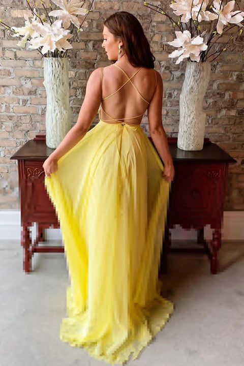 Flowy Yellow Chiffon Long Prom Gown Sexy Backless Evening Dresses PFP1 Promfast Flowy Yellow Chiffon Long Prom Gown Sexy Backless Evening Dresses PFP1 Promfast