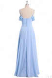 Chiffon Sky Blue Long Bridesmaid Dress, Off Shoulder Spaghetti Prom Dress PFP1712