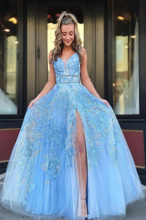 Light Blue Beaded Appliques Prom Dresses With Slit, Backless Party Gow