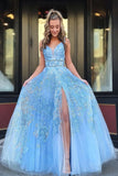 Light Blue Beaded Appliques Prom Dresses With Slit, Backless Party Gown PFP1711
