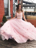 Stunning Two-piece V Neck Bridal Dresses Flowers Appliqued Pink Wedding Gowns PFW0392