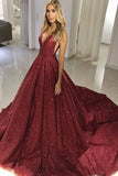 Sparkly V-Neck Sleeveless Long Burgundy Prom Dress with Sequin Evening Dress PFP1561