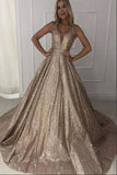 Sparkly V-Neck Sleeveless Long Burgundy Prom Dress with Sequin Evening Dress PFP1561